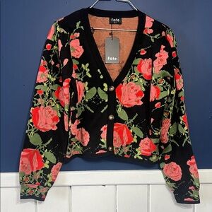 NWT Fate black cardigan with rose print sz small